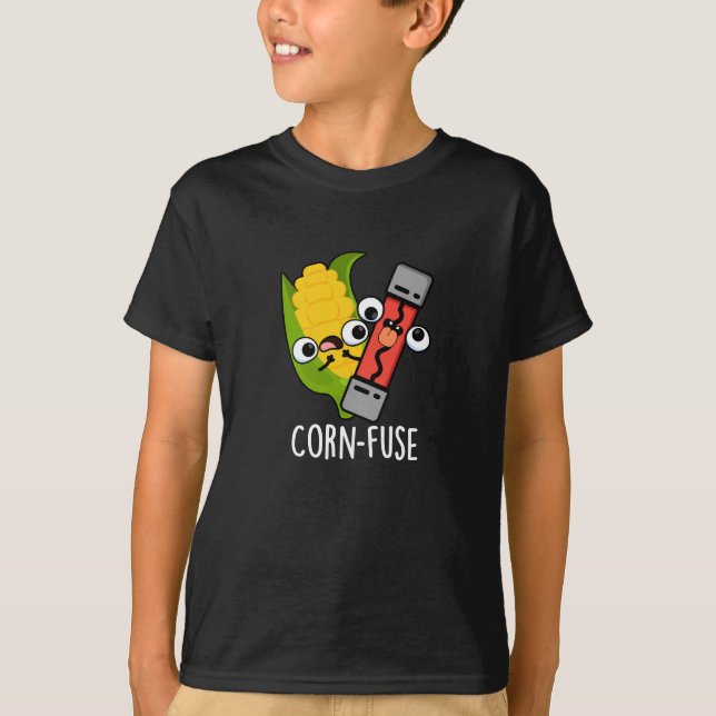 Corn-fuse Funny Confused Pun Dark BG T-Shirt (Front)