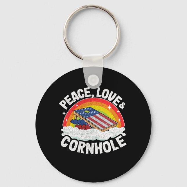 Corn Hole Retro Sunset American Flag Peace Love Co Key Ring (Front)