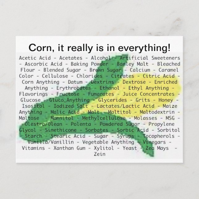 Corn is in everything - corn allergen list postcard (Front)