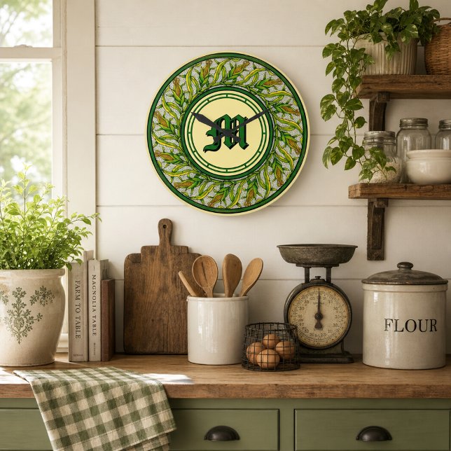 Corn Maize Wreath Monogram Print Large Clock (Creator Uploaded)