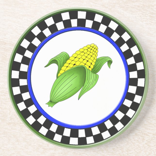 Corn On The Cob Round Sandstone Chequerboard Coast Coaster (Front)
