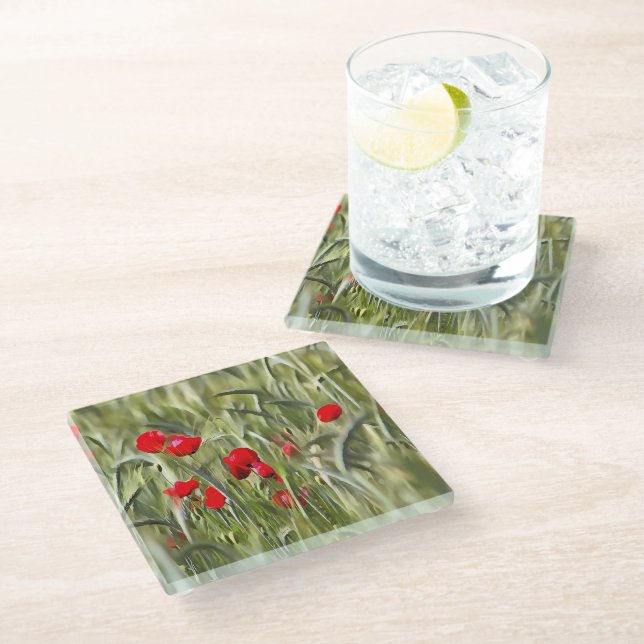 Corn Poppies Glass Coaster (Angled)