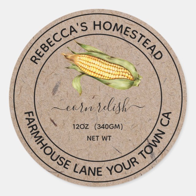 Corn Relish Kraft Paper Canning Jar Labels (Front)