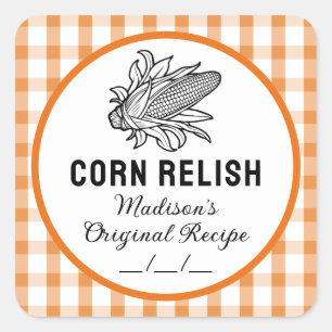 Corn relish label with orange chequered pattern