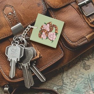 Corn Snake Pink Flowers Green Key Ring