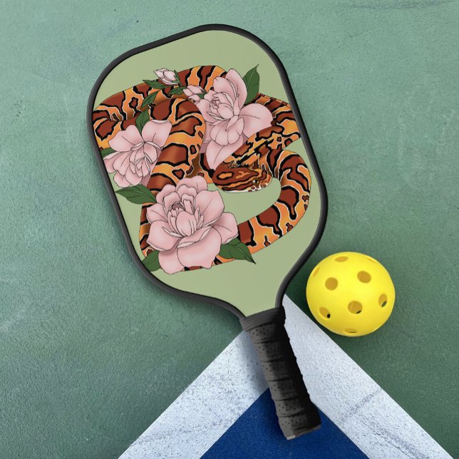 Corn Snake Pink Flowers Green Pickleball Paddle (Creator Uploaded)
