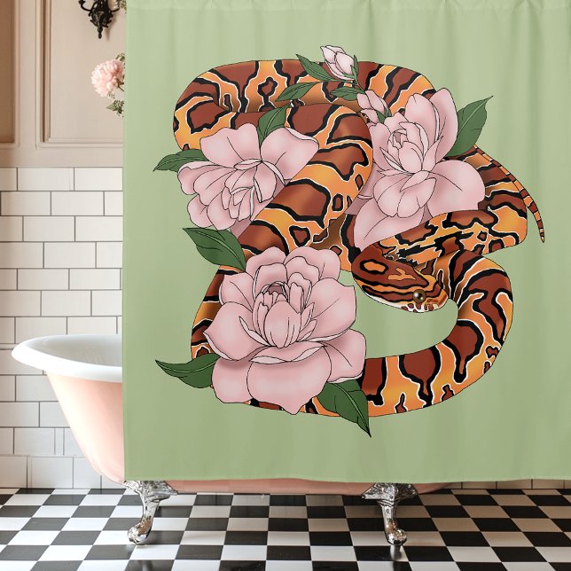 Corn Snake Pink Flowers Green Shower Curtain (Creator Uploaded)