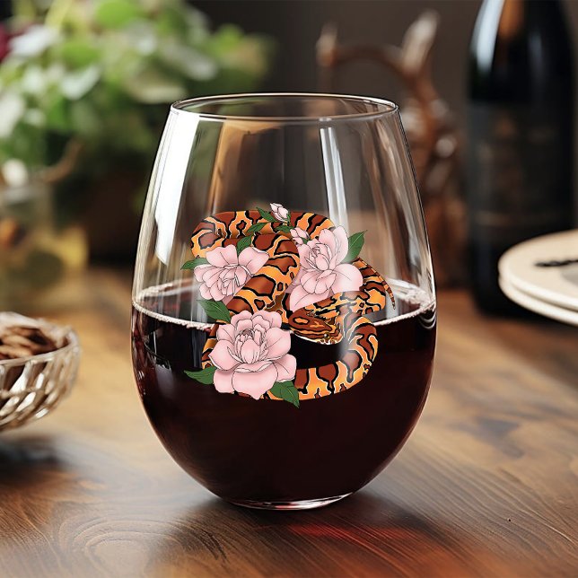 Corn Snake Pink Flowers Green Stemless Wine Glass (Creator Uploaded)