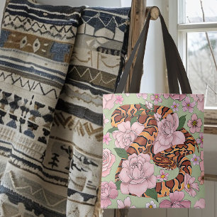 Corn Snake Pink Flowers Green Tote Bag