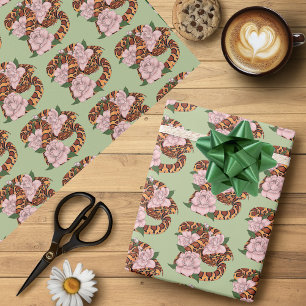 Corn Snake Pink Flowers Green Wrapping Paper