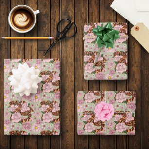 Corn Snake Pink Flowers Green Wrapping Paper Sheet
