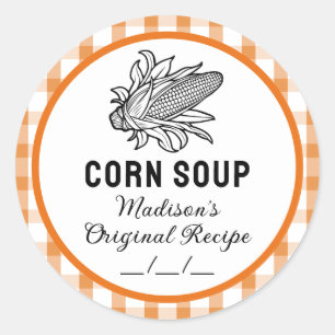Corn soup sticker with orange chequered pattern