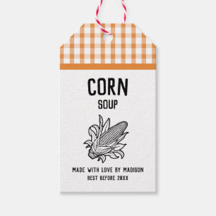 Corn soup tag with cob and chequered pattern