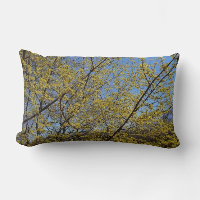 Cornelian Cherry Dogwood and Blue Sky Floral Lumbar Cushion (Front)
