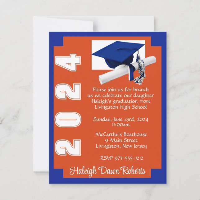 Corner Block Orange & Royal Blue Graduation Invitation (Front)