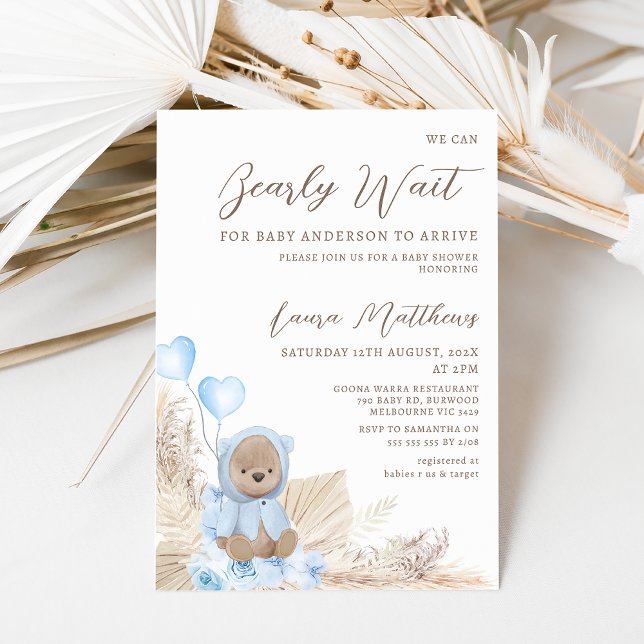 Corner Floral Boho We Can Bearly Wait Baby Shower  Invitation (Boys we can bearly wait for baby to arrive baby shower invitation with bear and heart shaped balloon)