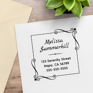 Corner Swirls Square Frame Address Rubber Stamp
