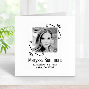 Corner Swirls Square Frame Custom Photo Address Rubber Stamp