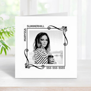 Corner Swirls Square Frame Custom Photo Text Rubber Stamp