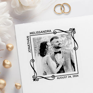 Corner Swirls Wedding Save the Date Custom Photo Rubber Stamp