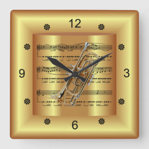 ~ Cornet ~ Curved Sheet Music ~ Gold Background ~  Square Wall Clock