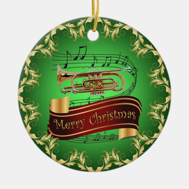 Cornet ~ Musical Scroll ~ Merry Christmas ~ * ~  Ceramic Tree Decoration (Front)