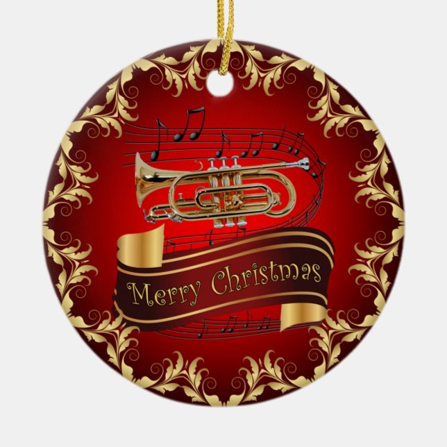 Cornet ~ Musical Scroll ~ Merry Christmas ~ * ~  Ceramic Tree Decoration (Front)