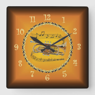 Cornet On Musical Scroll & Russet Orange ~  Square Wall Clock