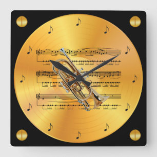 Cornet ~ Sheet Music ~ Gold Record ~ Square Wall Clock
