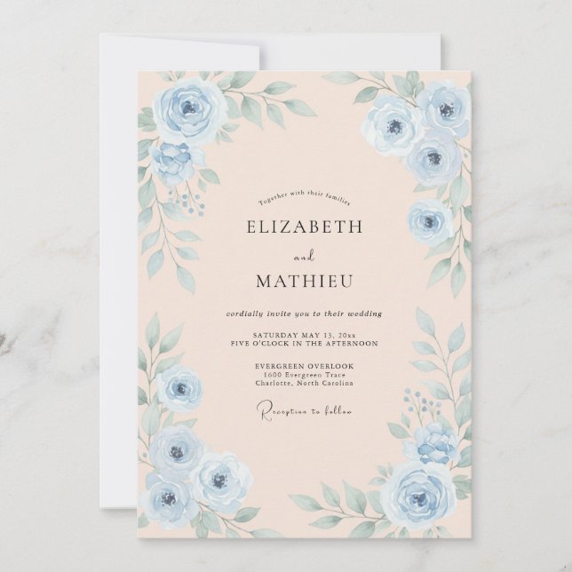 Cornflower Apricot Rose Wedding Invitation (Front)
