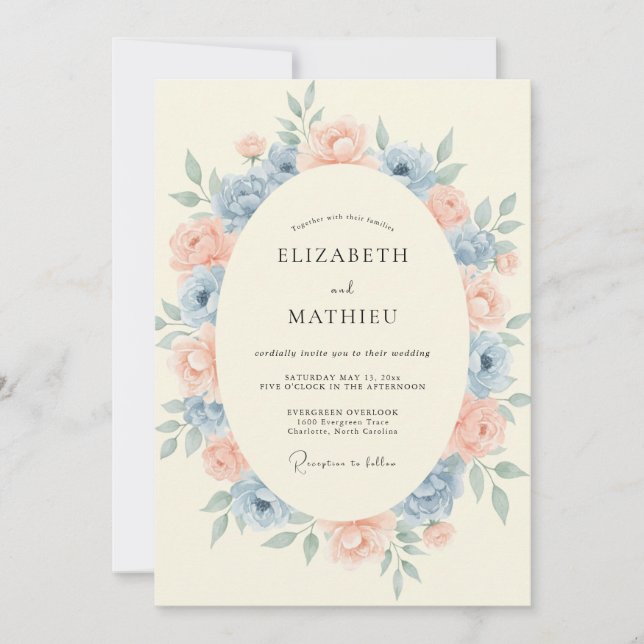 Cornflower Apricot Wreath Wedding Invitation (Front)
