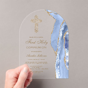 Cornflower Blue Agate First Communion Acrylic Invitations