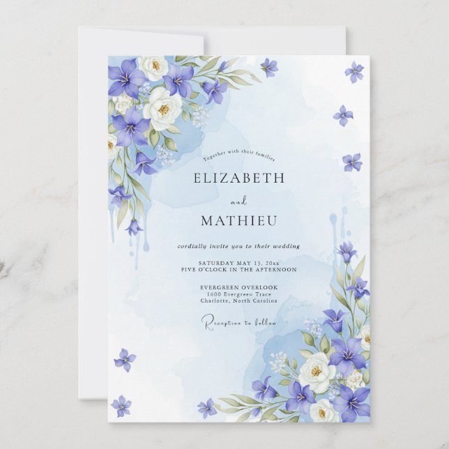 Cornflower Blue Airy Botanical Wedding Invitation (Front)