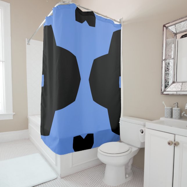 Cornflower Blue and Black Geometric Shower Curtain (In Situ)
