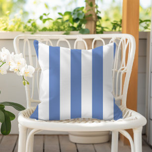 Cornflower Blue and White Awning Stripes Cushion