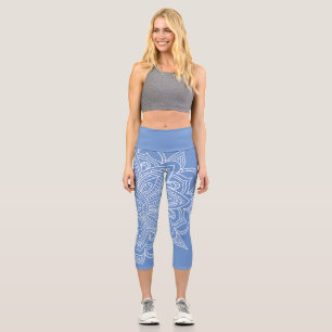 Cornflower Blue and White Mandala Yoga Capri  Leggings