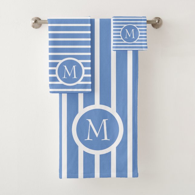 Cornflower Blue and White Stripe Monogram Bath Towel Set (Insitu)