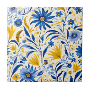 Cornflower Blue and Yellow Leaves Pattern Tile