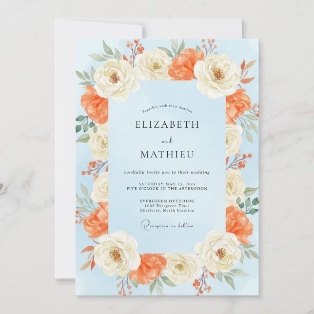 Cornflower Blue Apricot Painted Wedding Invitation (Front)