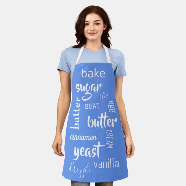 Cornflower Blue Baking Words Apron (Worn)