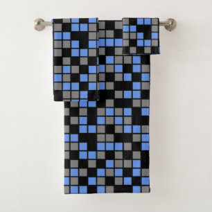 Cornflower Blue, Black, Grey Random Mosaic Squares Bath Towel Set