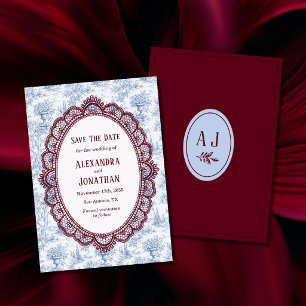 Cornflower Blue Burgundy Vintage Lace Wedding Save The Date