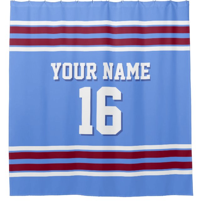 Cornflower Blue Burgundy Wht Stripes Sports Jersey Shower Curtain (Front)