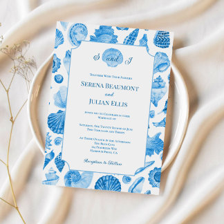 Cornflower Blue Coastal Seashell Wedding Invitation