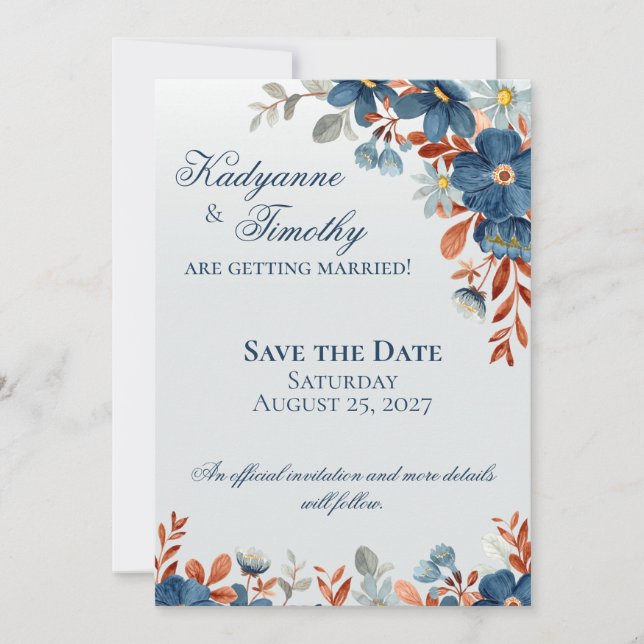 Cornflower Blue & Copper Floral Wedding Save The Date (Front)
