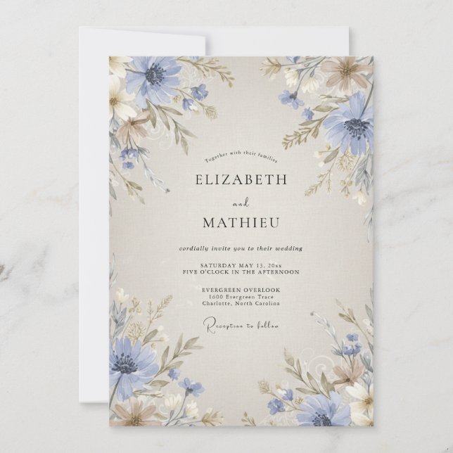 Cornflower Blue Delicate Nature Wedding Invitation (Front)