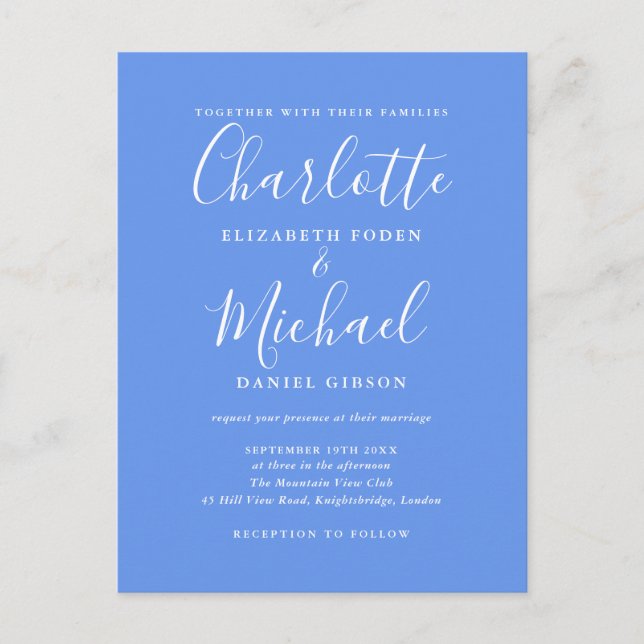 Cornflower Blue Elegant Modern Script Wedding Invitation Postcard (Front)