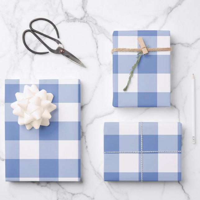 Cornflower Blue Gingham Check Plaid Wrapping Paper Sheet (Front)