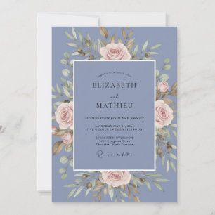 Cornflower Blue Graceful Rose Wedding Invitation