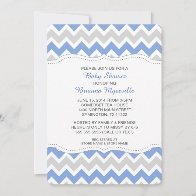 Cornflower Blue & Grey Chevron Baby Shower Invites (Front)